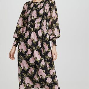WAYF Womens Black Pink Rose Floral Smocked Long Sleeve Midi Dress Small